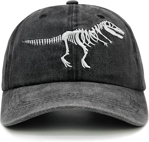 Boys' Skull Dinosaur Hat, Embroidered Dino Washed Adjustable Baseball Cap, Toddler Baseball Cap, Kids Sun Hat, for Kids Age 3-8, Black
