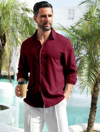 MAPICK Mens Linen Long Sleeve Shirts Casual Dress Button Down Wedding Shirts Untucked Linen Vacation Clothes(Wine Red,3X-Large) — view 4