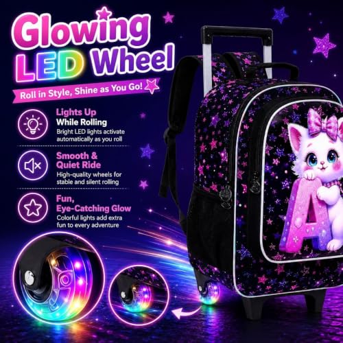 Image of CCJPX 18 inch Cat Rolling Backpack for Girls, 3Pcs Kids Glow Wheels Bookbag with Lunch Box, Lightweight Roller School Bag for Elementary Preschool (Black)