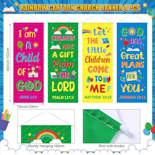 Image of Panelee 4 Pcs Church Banners for Sanctuary Wall Rainbow Cartoon Church Banners with Scripture Inspirational Religious Praise Bible Verses Hanging Backdrop Signs for Sunday School Worship Decoration