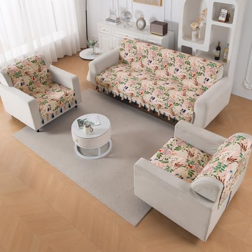 Image of HOKIPO 5 Seater Sofa Cover with Tassel in 3+1+1 Configuration | Full Protection for Seat and Back | Printed Holland Velvet | 'Whispers of Nature' | Beige Woodland Bloom (IN-1127+1125-D4*2)