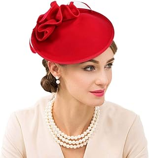 F FADVES Wedding Wool Pillbox Fascinators Felt Fedora Hats Women Flower Derby Church Tilt Hat (Red)