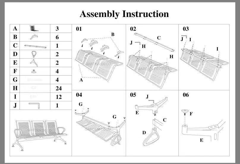 GARDEN DECO 3-Seater Waiting Room Bench - Heavy Duty Mild Steel Metal Guest Chairs for Airport, Hospital, Clinic & Reception - Durable Public Seating, Silver Finish