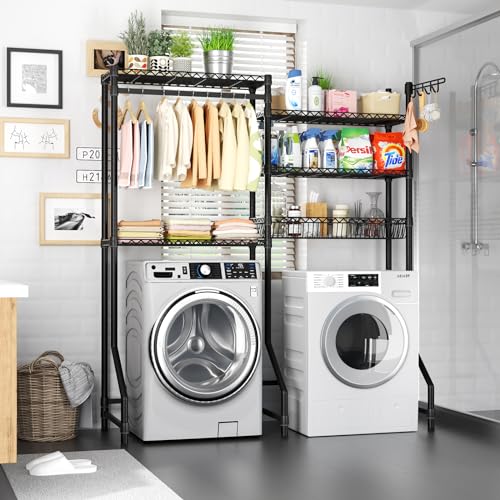 Over-Washer-and-Dryer-ShelvesHeavy-Duty-Laundry-Room-Storage-Organization-Clothes-Drying-Rack5-Tier-Adjustable-Height-Wire-Shelving-and-Wire-Basket-with-Hanger-RodHookSpace-Saving-Shelf Over Washer and Dryer ShelvesHeavy Duty Laundry Room Storage Organization Clothes Drying Rack5 Tier Adjustable Height Wire Shelving and Wire Basket with Hanger RodHookSpace Saving Shelf
