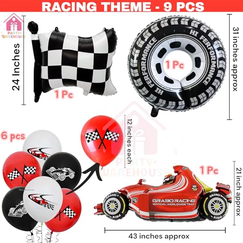 Image of Party Warehouse Racing Car Balloon Set for Birthday-5Pcs | Race Theme Foil Balloons for Race Lovers|Tyre & Checkered Flag Balloons for Kids /Adults Party Decorations (Car set)