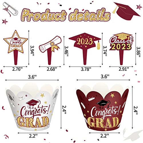 96 Pieces 2023 Graduation Cupcake Toppers Wrappers Congrats Grad Cake Decorations Adjustable Grad Cap Diploma Cake Wrappers Toppers Class Of 2023 Grad Graduation Party Supplies (Maroon Gold) #TOP2