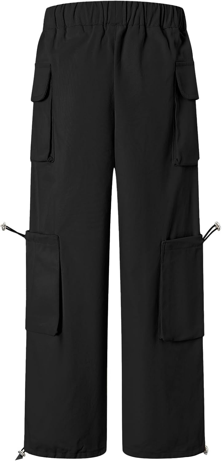 Cromoncent Girls' Multi-Pocket Cargo Pants Drawstring Streetwear Pants, 3-14 Years