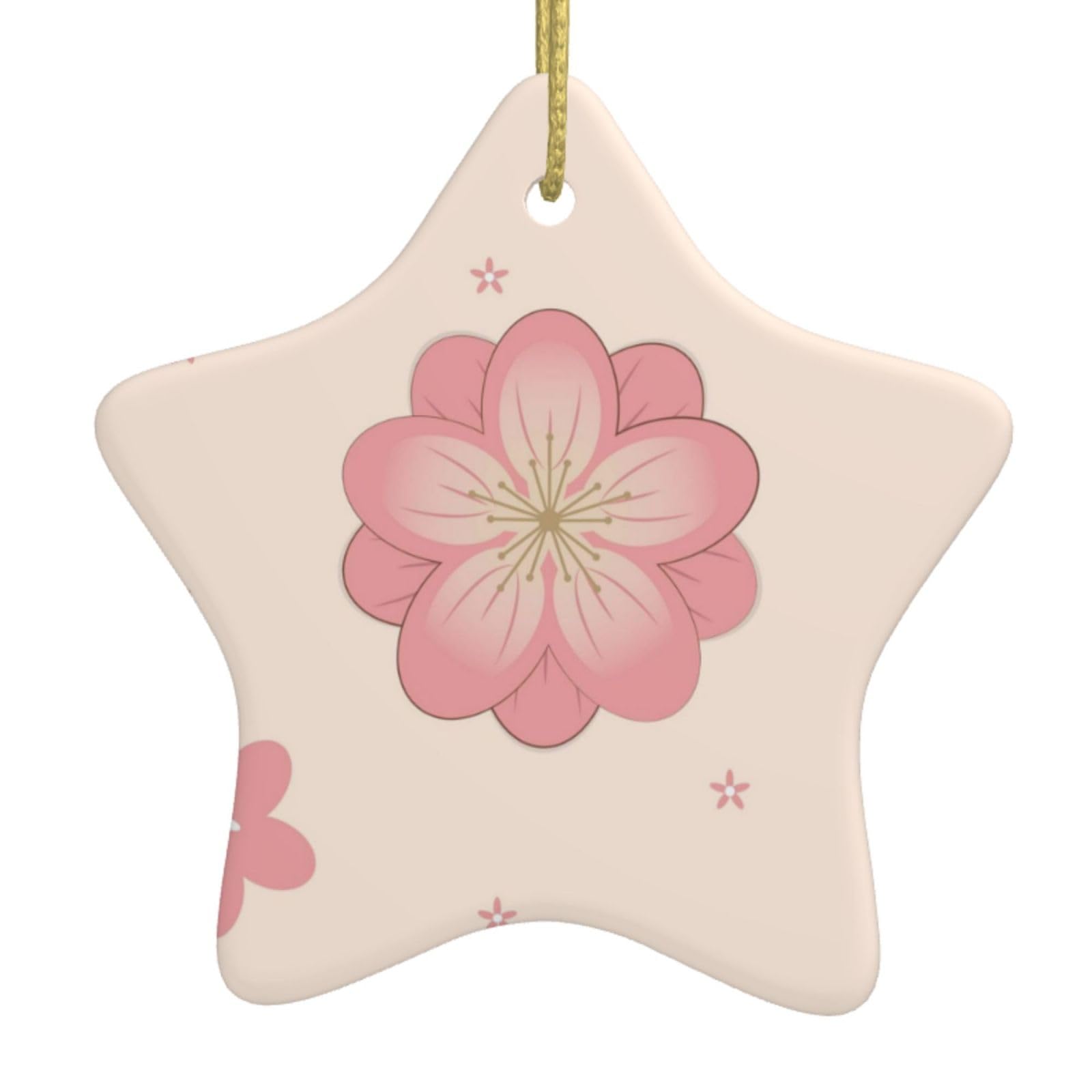 Little Pink Cherry Blossoms Christmas Ceramic Star Pendant with Punched Holes and Gold Wire Rope, Christmas Tree Home Decoration