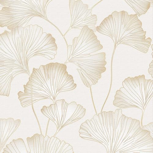 Image of ANBILILA Self-Adhesive Wallpaper, Cream Beige Ginkgo Leaf Line Peel and Stick Wall Covering, 44x600CM Thickened Removable Backed Paper for Walls Furniture