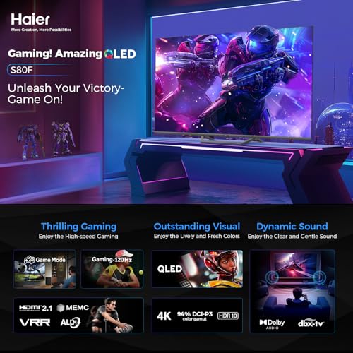 تلفزيون جوجل ذكي 55 بوصة 4K QLED، ألعاب عند 120 هرتز وتقنية صوت دولبي MEMC/VRR/ALLM وذاكرة رام 2+32GB / روم وكروم كاست وHDMI 2.1 وتصميم بدون حواف H55S80FUX من هاير، أسود