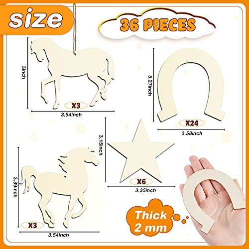 36 Pieces Unfinished Wooden Horse Cutouts Wood Discs Slices Horse Horseshoes Star Animal Shaped With Rope For Home Diy Handicraft Birthday Party #TOP1
