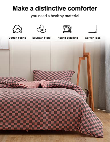 Llancl King Bed Comforter Set,Down Alternative All Season Reversible Comforter-Quilted Duvet Insert With Corner Tabs-Round Stitched-Breathable, Soft, Fluffy(Pink/Grey Checked, 3Pcs) #TOP1