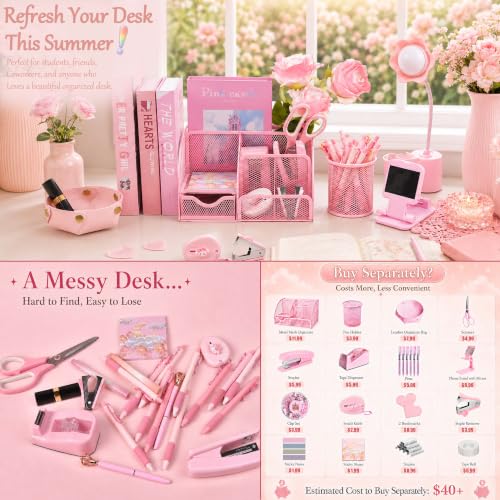 LXEVIHK Pink Desk Accessories 23-Piece Office Supplies Gift Set for Women