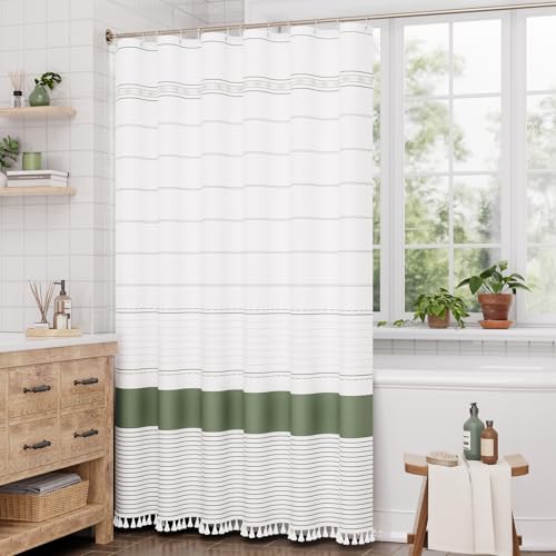 Image of AmazerBath Boho Shower Curtain Set, Rustic Faux Linen Sage Green Striped Shower Curtain with Hooks, Modern Farmhouse Shower Curtain with Tassels, White Base Toned, 72x72 Inches