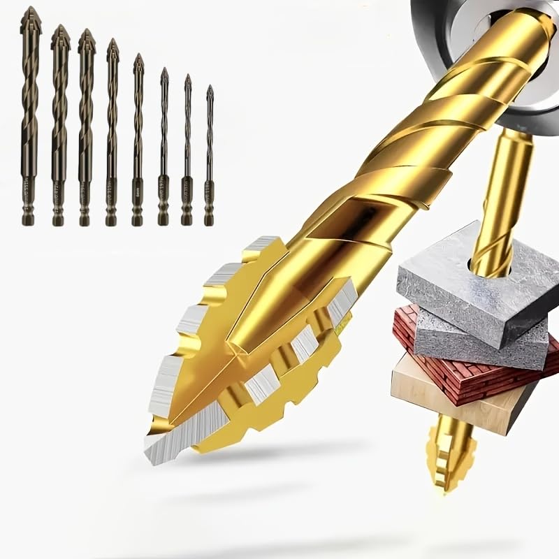 8pcs Hardened Alloy Drill Bit Set 8-Piece 4-Flute Core Design with Sharp Landing Tip for Concrete Brick Ceramic Tile Drilling, Golden