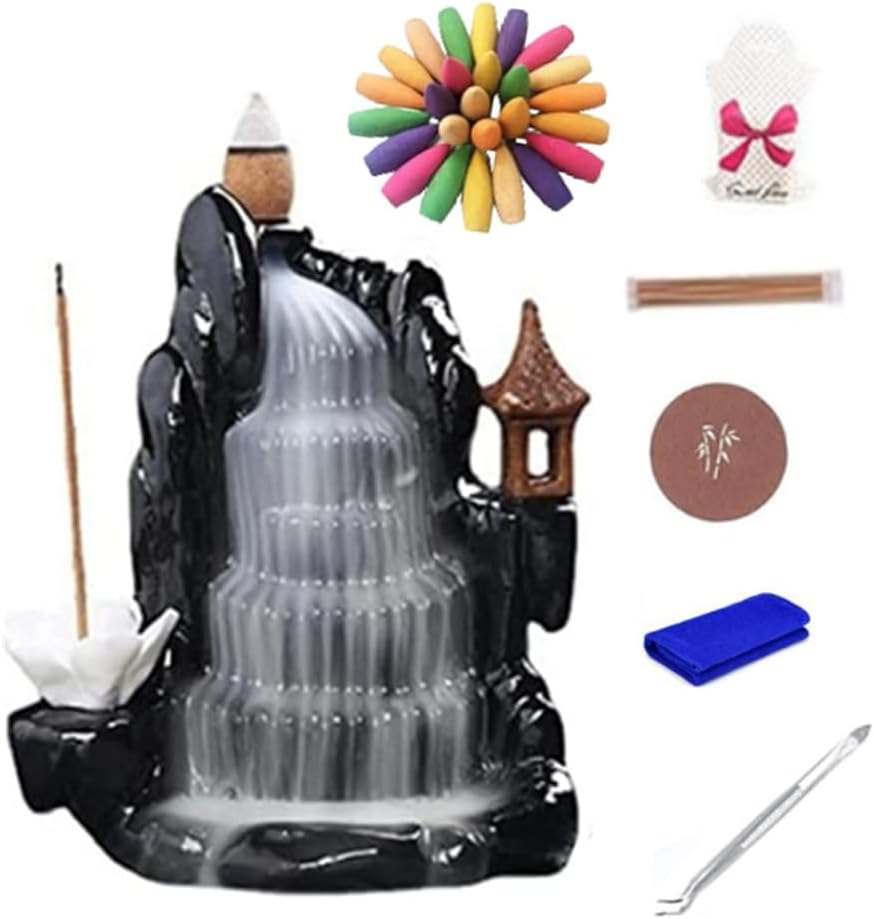 Backflow Incense Holder Waterfall Incense Burner, Mountain Tower Censer Aromatherapy Ornament Home Decor Size:4.64in*4.17in with 60 Backflow Incense Cones,50 Incense Sticks,Incense Socket?Mat?Clip
