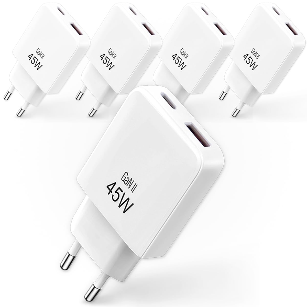 5 caricabatterie rapido 45 W compatto USB C e USB A – caricabatterie per iPhone 17 – ultima tecnologia GaN 2026 – presa di alimentazione per iPhone, Samsung e computer portatili, colore: bianco