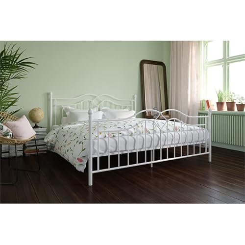 Dhp Tokyo Metal Platform Bed With Classic Finial Post Headboard And Footboard, Underbed Storage Space, No Box Spring Needed, King, White #TOP3