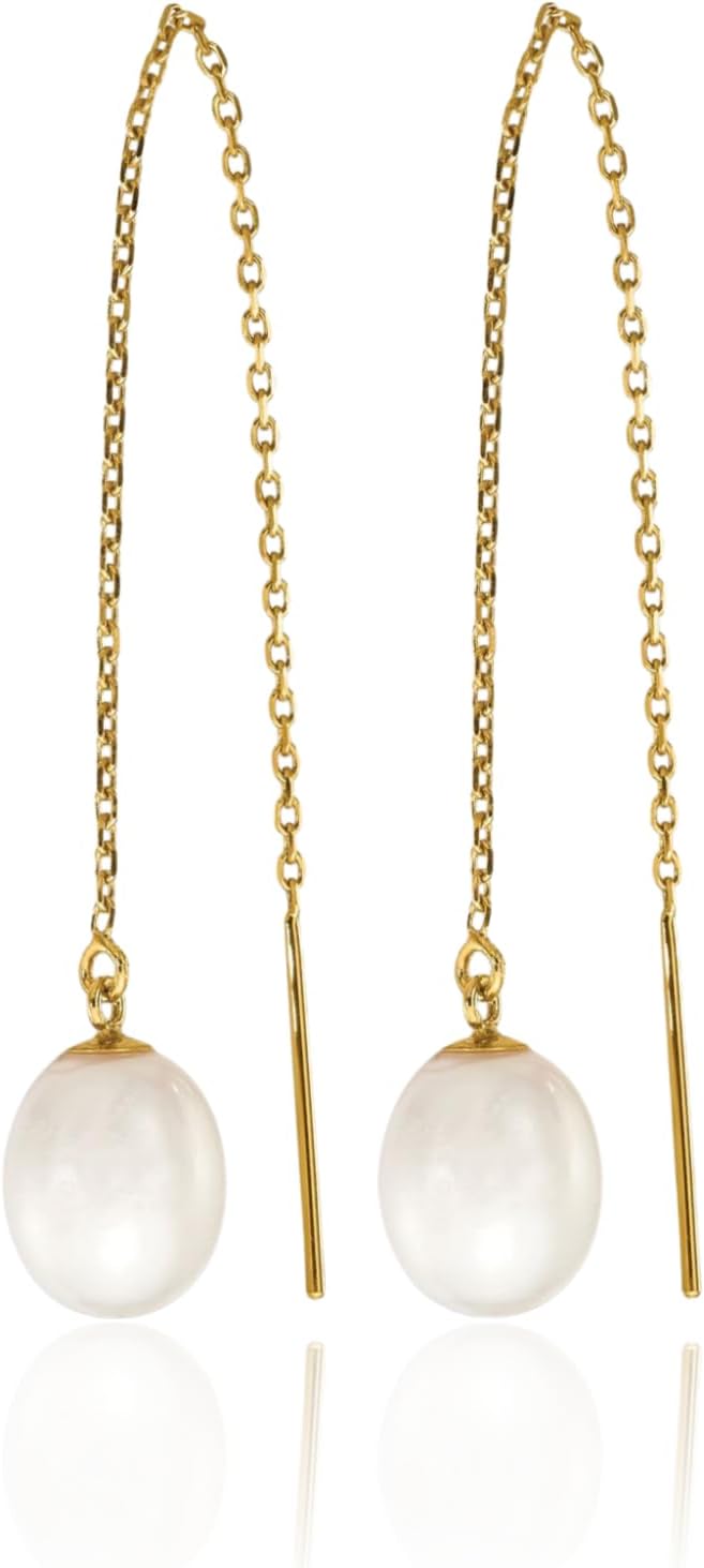 IceCarats 14K Solid Yellow Gold 7mm Freshwater Pearl Threader Earrings Prong Set, Polished For Her