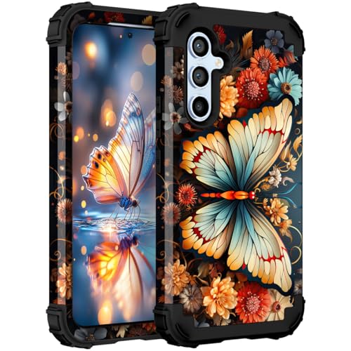 Hocase for Galaxy A54 5G Case, Heavy Duty Shockproof Protection Soft Silicone Rubber Bumper+Hard Plastic Hybrid Protective Case for Samsung Galaxy A54 5G (6.7' Display) 2023 - Butterfly on Flowers