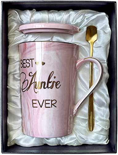 Aunt Gifts from Niece and Nephew - Best Auntie Ever Mug Funny Happy Birthday Presents for Aunty - Pink Marble Ceramic Coffee Cup 14 Oz