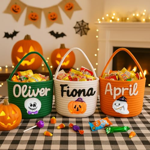 Custom Halloween Trick or Treat Basket with Name | Personalized Halloween Candy Bucket Gift for Boys Girls | Customized Pumpkin Bucket Ghost Bucket