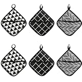 Topflappen Set 6-teilig - Graue Rauten, Schwarzes Karo und Schwarz-Weiße Dreiecke mit Geometrischen Mustern, Hitzebeständige Topflappen für Küche, Spülmaschinenfest