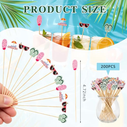200PCS Summer Pool Beach Cocktail Picks Tropical Toothpicks for Appetizers Beach Slipper Sunglasses Bamboo Fruit Food Long Cocktail Appetizer Cupcake Toppers for Luau Hawaii Beach Party Supplies by Cidenbio - Used condition - Image 2