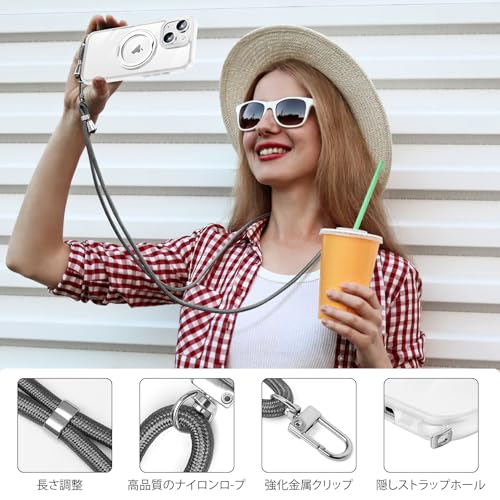 iPhone 14 / 13 用 ケース ダブルリング付き ショルダー ストラップ付き 多機能360度回転スタンド MagSafe対応 ワイヤレス充電対応 耐衝撃 薄型 透明 PC + 軽量 シリコン TPUバンパー おしゃれ アイフォン 13 14 用 6.1インチ ケース スマホケース (クリア, iPhone 14/13)