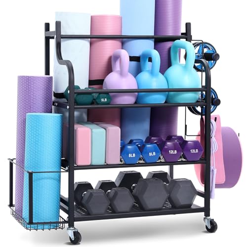 VEVOR Estante de Almacenamiento para Esterilla yoga, Acero con Acabado en Polvo con Ganchos y Ruedas, para Mancuernas, Pesas Rusas, Rodillos Espuma y Correas Yoga, 1035 x 405 x 885 mm, 3 Capas