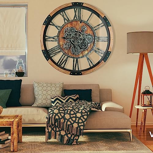 Dorboker 36'' Large Wall Clock Real Moving Gears Oversized Industrial Solid Wood Rusic Farmhouse Clocks For Living Room Wall Decor Home Office, 36 Inch 90Cm, Brown And Vintage Bronze #TOP1