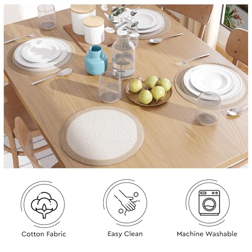 Image of Dining Table Mats Set of 2 | Cotton Table Mat 32 cm Diameter, Encasa XO Washable Round Table Mats, Heat Resistance Dining Table Placemats, Handmade Ribbed Style for Centre Table, Off White & Beige