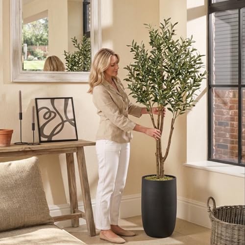 Silk Serenade Round Matt Black Iron Planter, 16 inch Tall Large Indoor Outdoor Plant Pots, Modern Contemporary Lightweight Textured Stone Decorative Garden Pots for House Indoor Outdoor Patio Porch by Silk Serenade - Image 3
