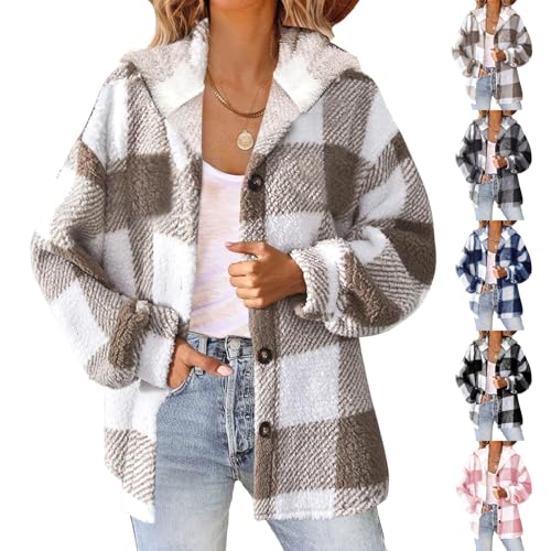 Women's Sherpa Hooded Cardigan Fall Winter Fuzzy Fleece Jacket Warm Soft Plaid Flannels sweater coat Outwear