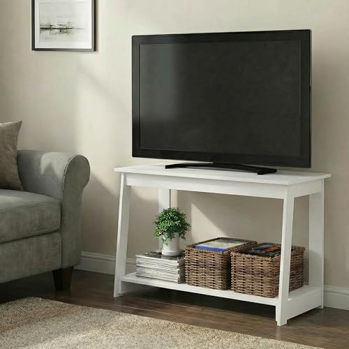 Image of Furinno Beginning TV Stand, 2-Tier Rectangular Entertainment Center with Shelf, TV Console for TV up to 36 Inch, Open Back, for Living Room, Bedroom, White