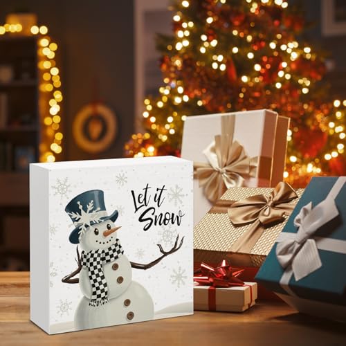 Image of Winter Decor, Snowman Let It Snow Wood Box Sign, Farmhouse Christmas Home Office Decorations for Desk Table Shelf 5 X 5 Inches