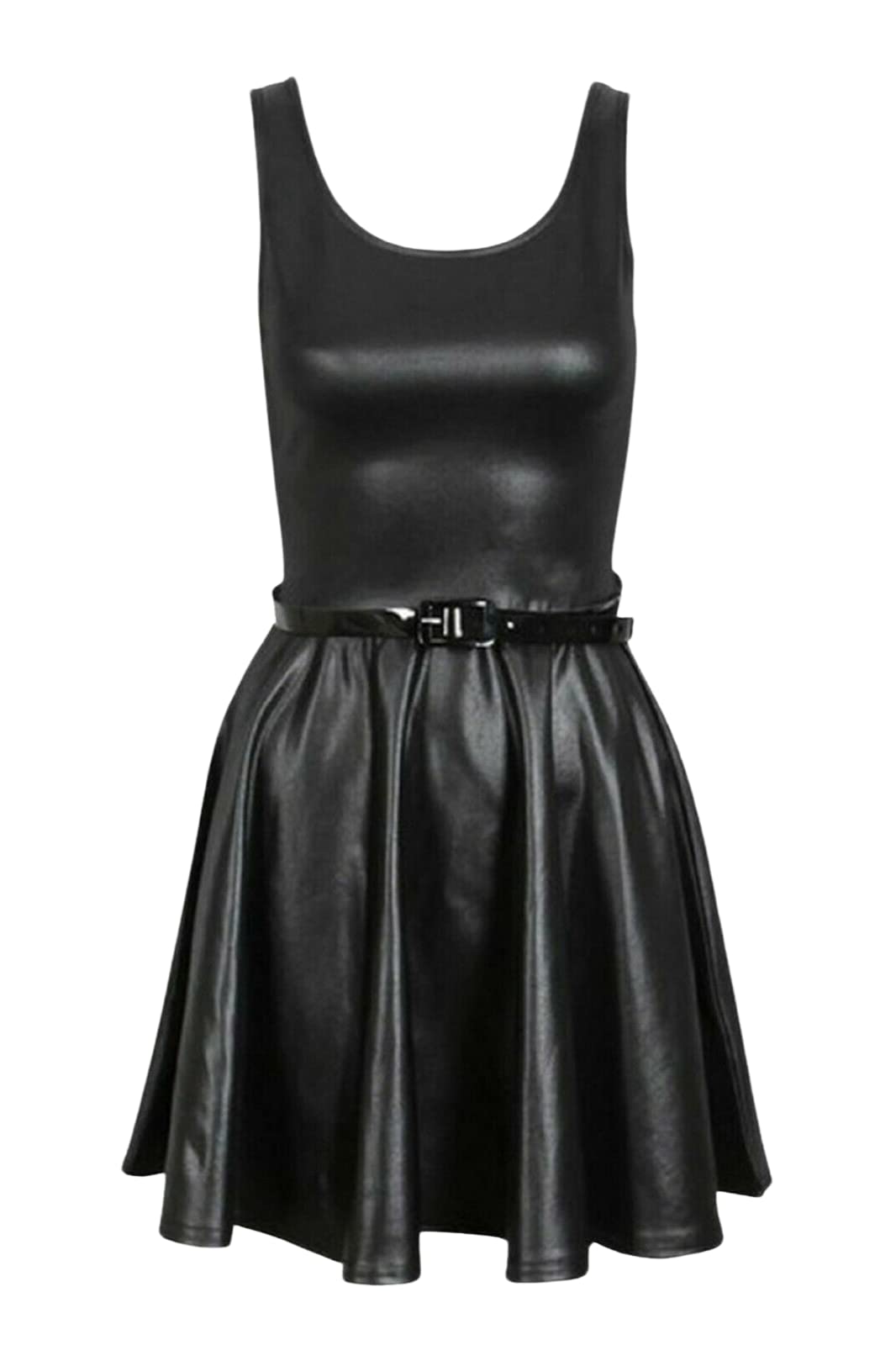 Star Fashion Women's Black Wet Look Pvc Wet Look Plus Belted Flared Celebrity Sexy Skater Dress Top For Black 20-22