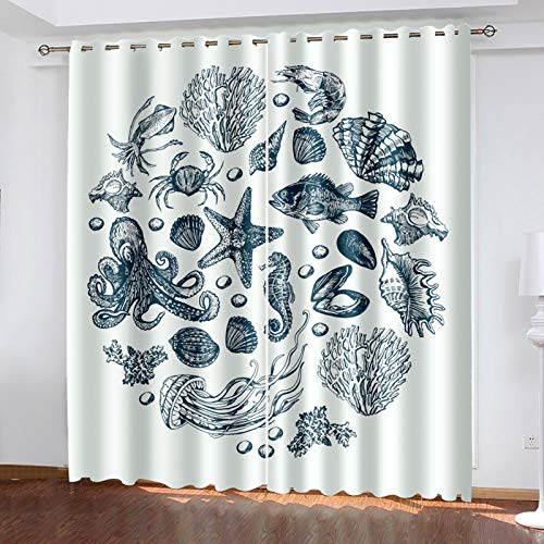 SILUYU Schlafzimmer Kinder Verdunkelungsvorhänge Weiß Fisch, Digitaldruck 3D 260 X 280 cm Vorhänge Blickdicht 2 Stücke Vorhänge Kinderzimmer Cover