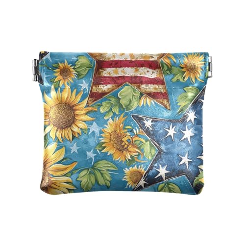 Coin Purse for Women American Flag Sunflower Star Coin Pouch Change Holder PU Leather Mini Wallet Portable Coin Bag Money Pocket