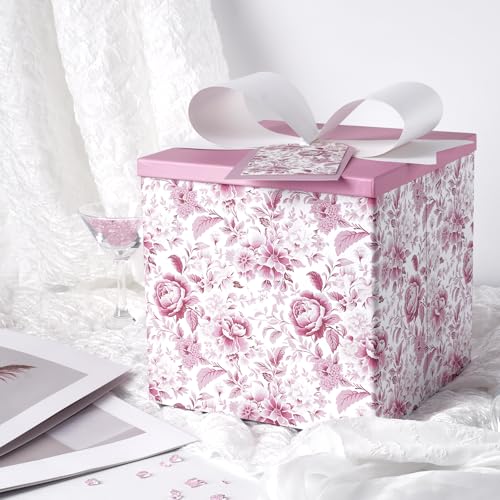 BIOBROWN Medium Gift Boxes with Lids for Presents, 9x9x9 Inches Chinoiserie Pink White Peony Floral Design Collapsible Gift Box for Bridal Shower, Wedding, Mother's Day, Birthday - Image 3