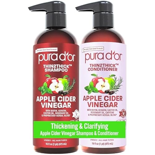PURA D'OR Apple Cider Vinegar Thin2Thick Set Shampoo & Hair Regrowth Conditioner for Clarifying, Detox w/Biotin, Keratin, Caffeine, Castor Oil, All Hair Type, Men and Women 16oz x 2
