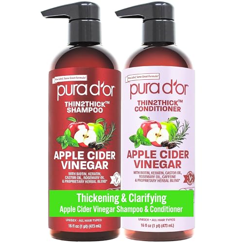 PURA D'OR Apple Cider Vinegar Thin2Thick Set (16oz x 2) ACV Shampoo & Conditioner, Clarifying - Biotin, Keratin, Caffeine, Castor Oil, Aloe - All Hair Types, Men & Women (Packaging may vary)