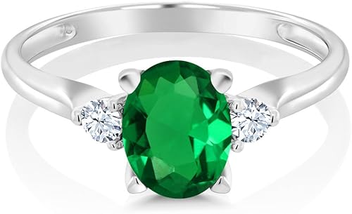 Vista 2 de Anillo de compromiso de oro blanco de 10 quilates con 3 piedras preciosas para mujer, piedra natal y zafiro blanco creado, ovalado de 0.315 x 0.236