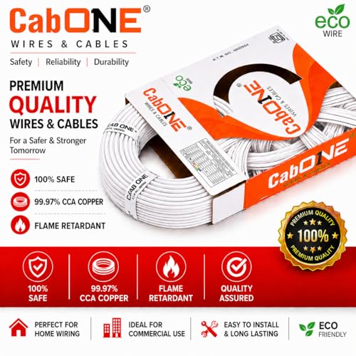 Image of CabONE 1.0 SQ.MM FR PVC Insulated Copper Electrical Wire, 90 Meter (White, Pack of 2) | ISI Marked Fire Retardant Single Core Cable for Home Wiring