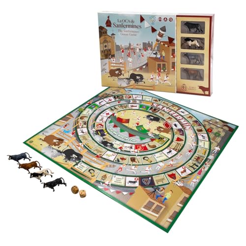 DEQUBE  Juego de la Oca de San Fermín – Incluye 4 Mini toros de Collecta y Dados de Madera – Dimensiones Tablero 50X50cm (DeQube 924D00180)