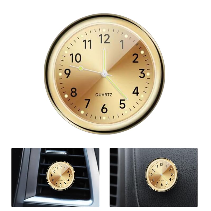 Uhr für Auto Armaturenbrett Autouhr Selbstklebend Leuchtende Auto Uhr Universelle Taschenuhr Auto Lüftungsschlitz Clip Uhr für Auto Lnnendekoration Geeignet für Jede Auto Dekoration (Gold)