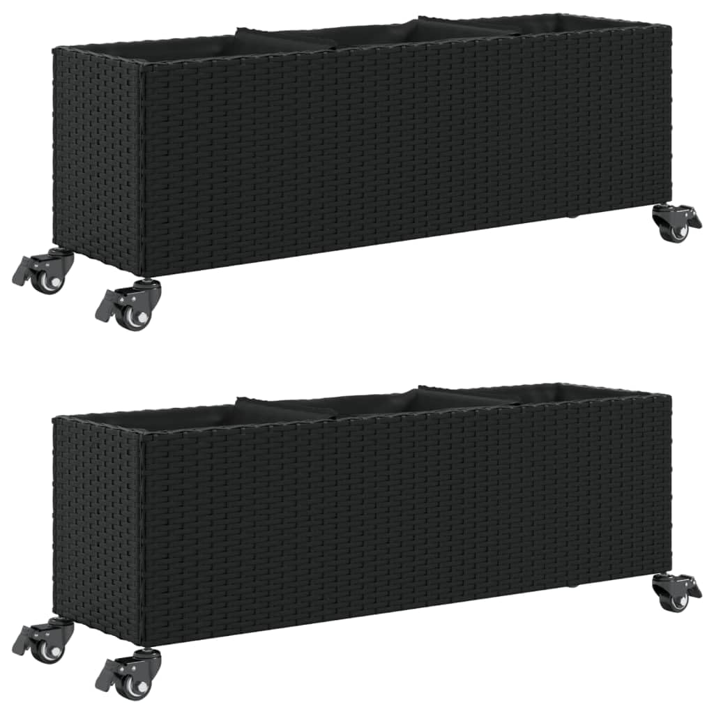 vidaXL Pflanzkübel mit Rollen 2 STK. Schwarz 107x32x38 cm Poly Rattan, Pflanzgefäß, Tomaten Pflanzkübel, Kräuterbeet, Blumenkasten, Pflanzkasten