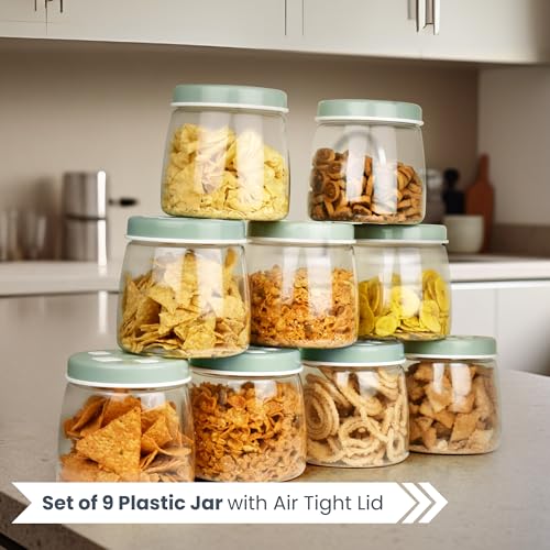 Image of FLAIR Cubics Airtight Food Storage Containers Set of 9 - (1000ml each) with Spoon - Green, BPA-Free, Transparent, Durable & Space-Saving Jars for Kitchen, Pantry, Snacks, Grains & More