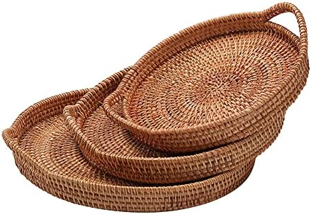 DASNTERED Rattan Tray With Handle, Round Woven Wicker Serving Tray Handmade Decorative Organiser Tray, Rustic Storage Basket for Parties, Breakfast, Coffee Tea, Snack(size:28cm)