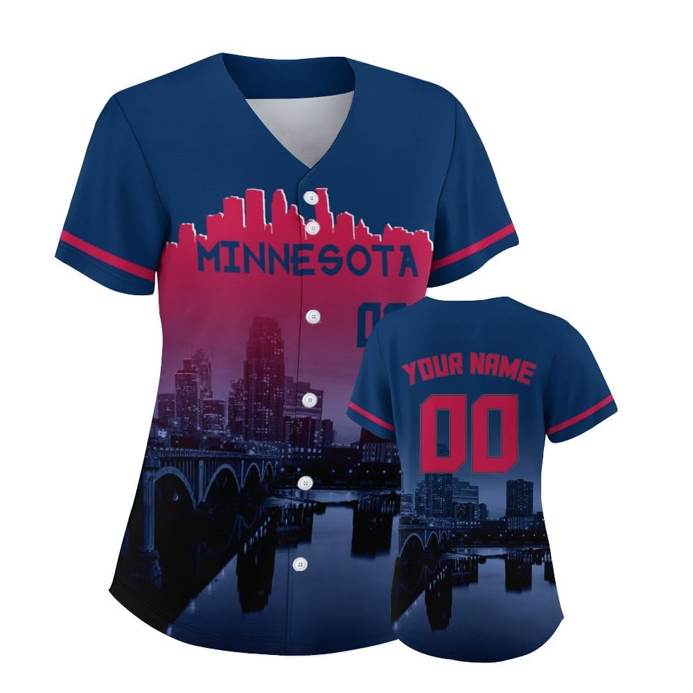 Custom Women Baseball Jersey, for Mom Fans Gifts, City Skyline Night Scene Shirt, Personalized Name Number S-4XL